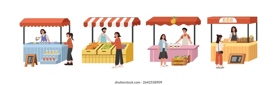 Set of stand food. Farmer market stall collection. Bread stall. Fruit stand. Juice drink stand. Stall set illustration. Bazaar.