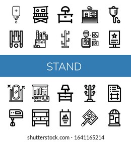 Set of stand icons. Such as Intravenous saline drip, Inversion therapy, Lifeguard tower, Stationery, Night stand, Coat stand, Photographer, Intravenous therapy , icons