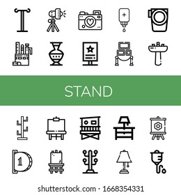 Set of stand icons. Such as Iv pole, Stationery, Studio lighting, Pottery, Photographer, Stand, Intravenous saline drip, Exhibition, Paddle, Washbasin, Coat stand , icons