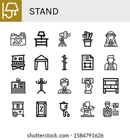 Set of stand icons. Such as Wall lamp, Photographer, Night stand, Studio lighting, Stationery, Lifeguard tower, Canopy, Coat rack, Artboard, Stand, Insert coin, Potting bench , icons