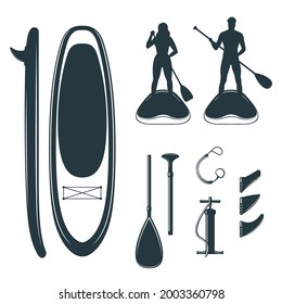 Set of stand up paddle board design elements. Inflatable board, paddle, pump, and  silhouettes of people on SUP. Vector illustration in black and white style 