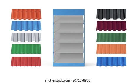 Set of stand and samples of metal for the roof on a white background. Vector illustration