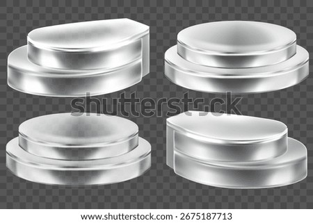 Set stand stage of transparent glass Realistic pedestal for winners. Pedestal and platform Steel and metal type