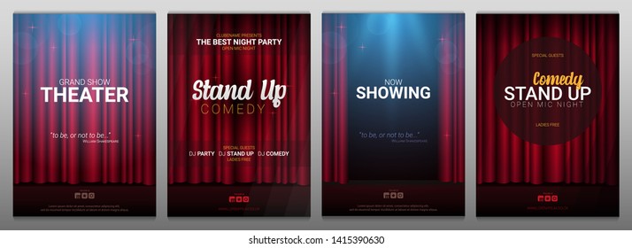 Set of Stand up and Theater banners. Red curtains stage, theater or opera background with spotlight