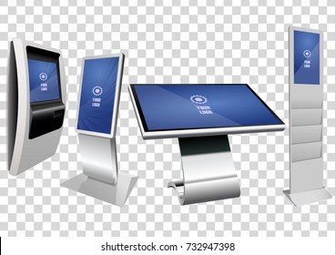 Set Of Stand And Wall Mount Self Service Terminal Or Public Information Kiosk With Touch Screen Display Isolated On Transparent Background. Mock Up Template.