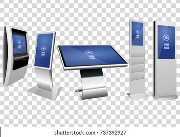 Set of Stand and Wall mount self service terminal or public information kiosk with Touch Screen Display isolated on transparent background. Mock Up Template.