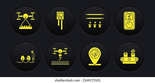Set Standalone sensor and plant, Smart farming technology, with drone, Location tree, bulb, Temperature humidity, Conveyor belt box and  icon. Vector