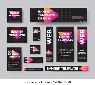 Set of standard black web banners, with purple gradient triangles, for advertising in an online store, social media. Template geometric posters, cards with vector illustration for design presentation