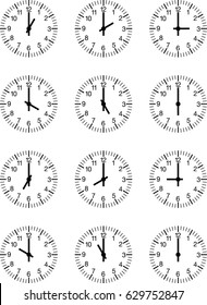 set of standard clock faces showing the hours from one to twelve