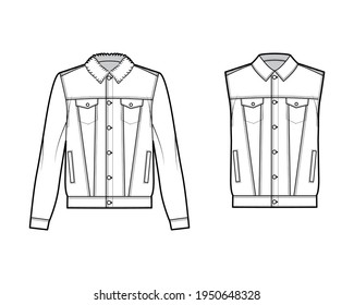 Set of Standard denim jacket, vest technical fashion illustration with flap welt pockets, button closure, classic collar, long sleeves. Flat apparel front, white color. Women, men unisex CAD mockup