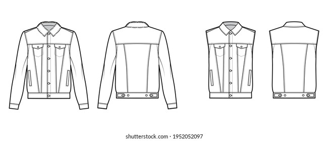 Set of Standard denim jacket, vest technical fashion illustration with oversized, flap welt pockets, button closure, classic collar. Flat front, back, white color style. Women, men unisex CAD mockup