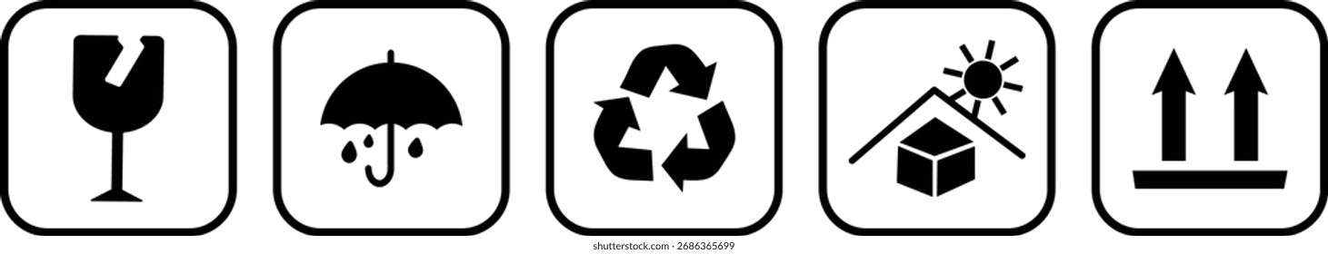 Conjunto de iconos de símbolos de embalaje y envío estándar, mantener secos, iconos de símbolo,