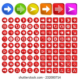 Set of Standard Quality Arrows Icons with Circular and Square Colored Buttons on White Background.