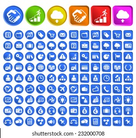 Set of Standard Quality Business Icons with Circular and Square Colored Buttons on White Background.