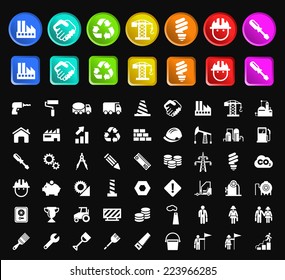 Set of Standard Quality Construction Icons with Square and Circular Colored Buttons on Black Background.