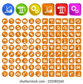 Set of Standard Quality Construction Icons with Circular and Square Colored Buttons on White Background.