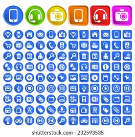 Set of Standard Quality Multimedia Icons with Circular and Square Colored Buttons on White Background.