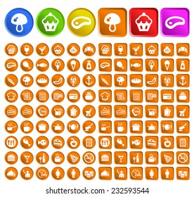Set of Standard Quality Restaurant Icons with Circular and Square Colored Buttons on White Background.