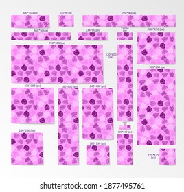 set of standard size banners with a pattern of purple exotic leaves. flat style.
