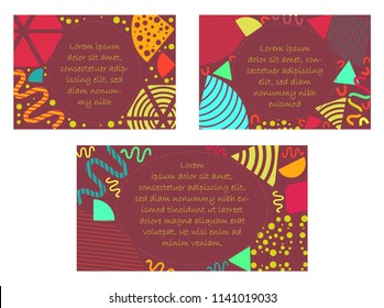 Set with Standard Sized Postards made in Memphis Style. Colorful Templates with Geometric Shapes,Patterns and Oval Copy Space.  Trendy Fashion 80s-90s. Standard US Postcards Proportions. Vector EPS 8