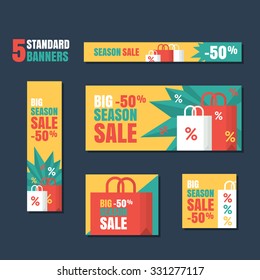 Set of standard vector banners template. Season sale background, flat colorful illustration. Concept for buying goods via internet store, online shopping, banner, flyer design.
