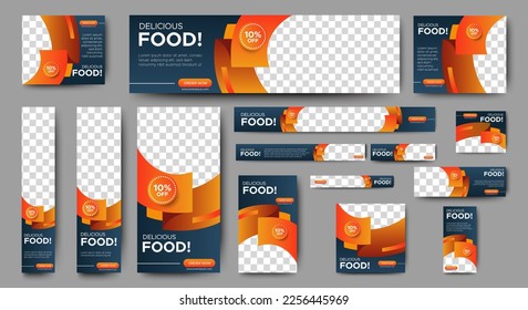 Conjunto de plantillas de banner web estándar para anuncios de comida. Fondo de encabezado de portada de Orange moderno para diseño de sitios web, banner de anuncios de cubierta de medios sociales, volante, tarjeta de invitación