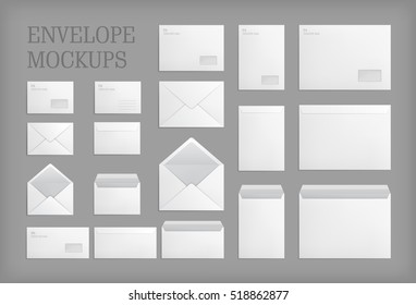 Set of standard white paper envelopes for office document or message. Vector empty mockups. White empty mail envelope with transparent window. Full and folded A4 size. Illustration on gray background
