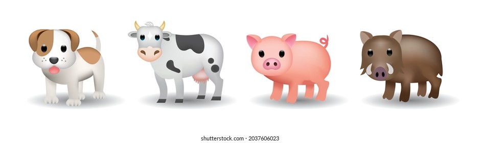 Set of standing animals vector emoji illustration. Dog, cow, pig, wild boar vector icon pack isolated on white background. 