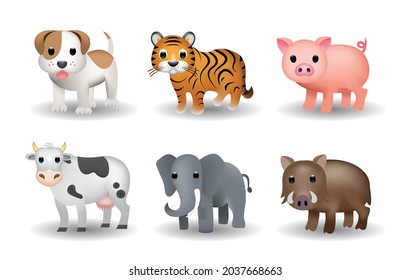 Stehende Tiere, Vektorgrafik Emoji. Hund, Kuh, Schwein, Wildschwein, Elefant, Tiger, Vektorsymbol Pack einzeln auf weißem Hintergrund. 