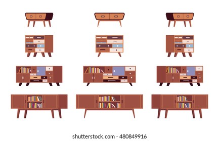 Set of standing bookshelves, credenza from different positions isolated against white background. Cartoon vector flat-style illustration