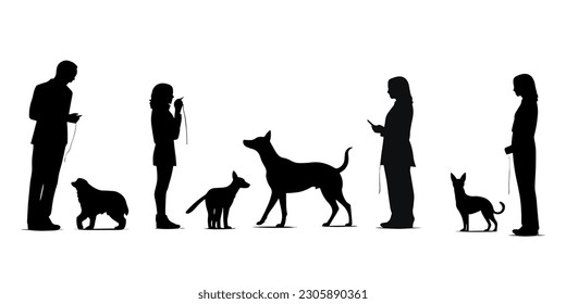 Set of standing Business Men and women with their dogs illustration