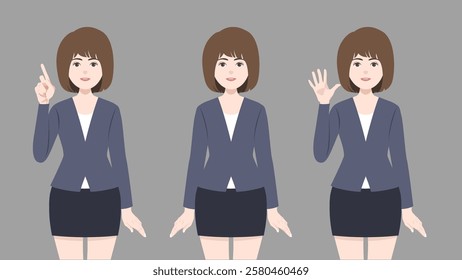 set of standing business woman, who wear grey suit, short brown hair and three acting. vector, illustration design.