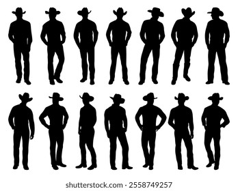 Set of standing cowboys pose silhouette vector illustrations