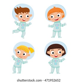 Set with standing and flying astronaut kids isolated on white background. Cartoon pretty girls wearing astronaut costume. Vector illustration used for child books, stickers, posters, web pages.