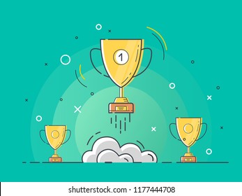 Set of standing golden trophy cups with one glowing rocket launch. Trendy flat vector trophy cup icons with concept of idea on green background. 