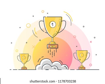 Set of standing golden trophy cups with one glowing rocket launch. Trendy flat vector trophy cup icons with concept of idea on white background. 