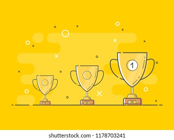 Set of standing golden trophy cups with one glowing. Trendy flat vector light bulb icons with concept of idea on yellow background. 