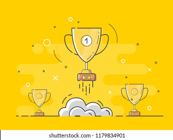 Set of standing golden trophy cups with one glowing rocket launch. Trendy flat vector trophy cup icons with concept of idea on yellow background. 