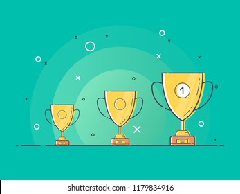 Set of standing golden trophy cups with one glowing. Trendy flat vector light bulb icons with concept of idea on green background. 