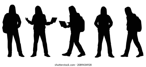 Set Of Standing Hacker Silhouette Vector On White Background