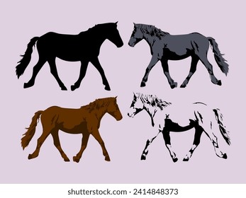 Set of standing horse silhouette animal collection vector illustration. Isolated on white background.