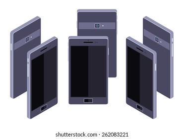 Set of the standing isometric generic black smartphones. The objects are isolated against the white background and shown from different sides