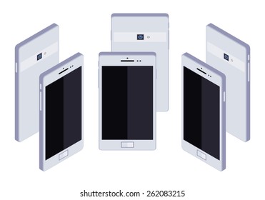 Set of the standing isometric generic white smartphones. The objects are isolated against the white background and shown from different sides