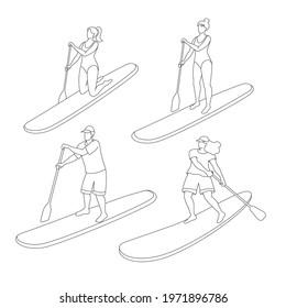 Set of standing and kneeling three women and one man paddling with paddle board on the water. Sup boarding outdoor activity. Vector isolated illustration in line art style. 