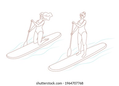 Set of standing and kneeling women paddling with paddle board on the water. Sup boarding outdoor activity. Vector isolated illustration in line art style. 