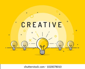 Set of standing light bulbs with one glowing. Trendy flat vector light bulb icons with concept of idea on yellow background.