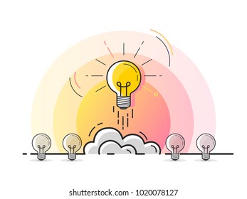 Set of standing light bulbs with one glowing rocket launch. Trendy flat vector light bulb icons with concept of idea on white background. 