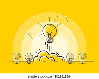 Set of standing light bulbs with one glowing rocket launch. Trendy flat vector light bulb icons with concept of idea on yellow background. 