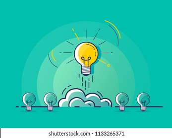 Set of standing light bulbs with one glowing rocket launch. Trendy flat vector light bulb icons with concept of idea on green background. 