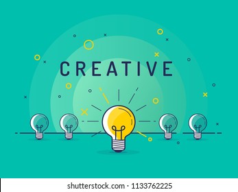 Set of standing light bulbs with one glowing. Trendy flat vector light bulb icons with concept of idea on green background. 